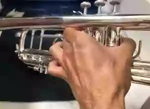 Left hand holding a trumpet