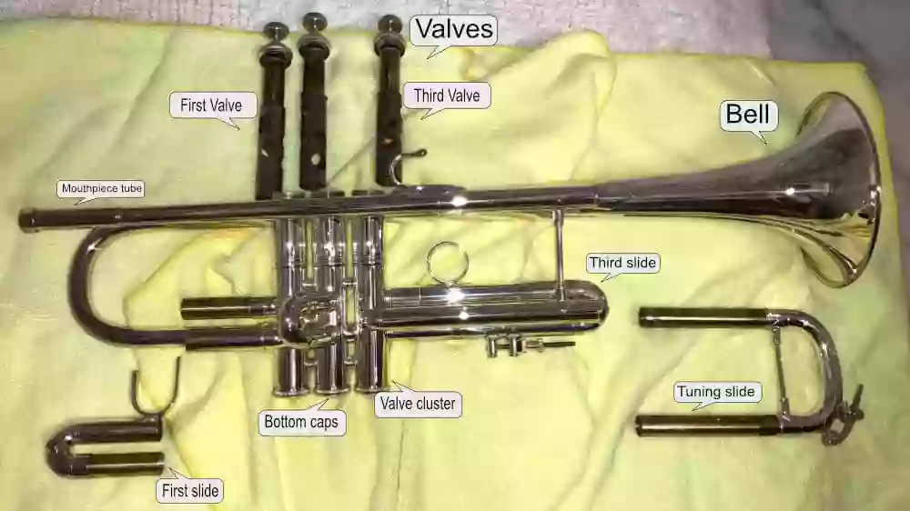 Here's my personal Vincent Bach Stradivarius Trumpet disassembled with each part labeled.