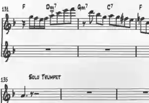 Trumpet range example. Sheet music showing a high F above the staff