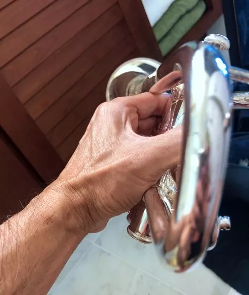 Left hand holding a trumpet