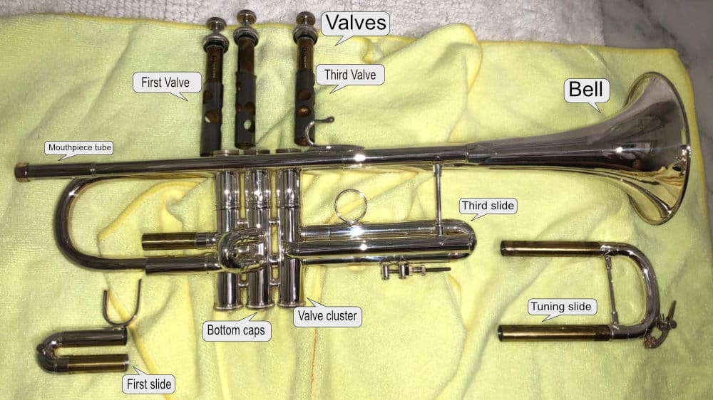 Here's my personal Vincent Bach Stradivarius Trumpet disassembled with each part labeled.